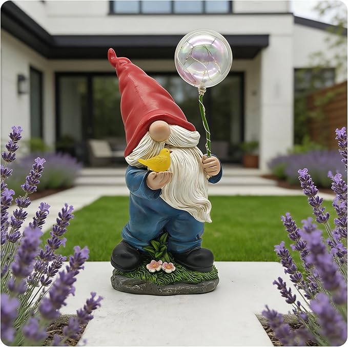 Solar Garden Male Gnome Statue, Detachable Outdoor Garden Decorative Stakes, Resin Gnome Holding Light-Up Bird & Bubble Wand, Upgraded 8-10H Lighting, for Patio, Yard, Flower Bed & Pathway, 10.63"