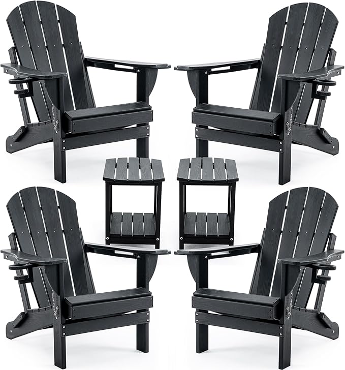 Folding Adirondack Chair Set with Side Table - HDPE Outdoor Patio Chairs, Weatherproof Chair with Reclining Back, Cup & Phone Holder, and 2-Tier Storage End Table for Firepit or Garden (Black)