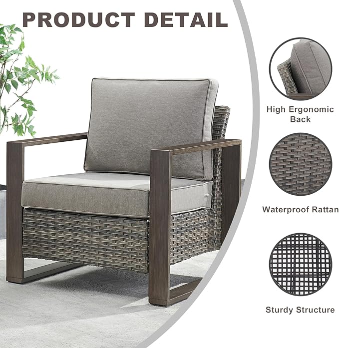 Rilyson Outdoor Wicker Patio Furniture Set - 5 Piece Patio Conversation Set with 2 Wicker Armrest Chairs,2 Rattan Ottoman, 1 Side Table, Sturdy Frame, Thick Cushions, Deep Seating(Mixed Grey/Grey)