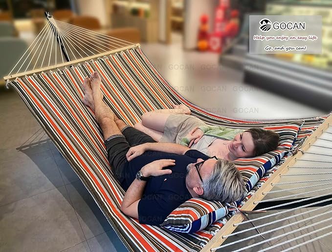 Quilted Fabric Double Hammock Won't flip with Stand and Spreader Bars,Safer and Sturdier,Quality Hammocks for Outdoor Indoor Patio Yard Two Sided Dual use red/Blue