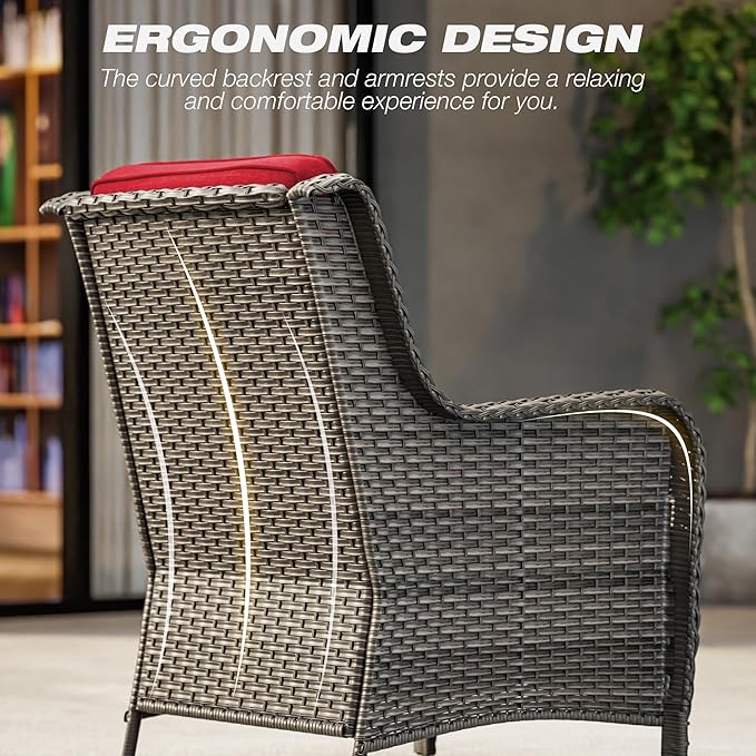 Joyside 3 Piece Wicker Patio Furniture Set with Fire Pit Table, Rattan Patio Chairs with High Back, Deep Seating, Wide Armrest, Thickened Cushions, Outdoor Furniture for Deck, Porch Use
