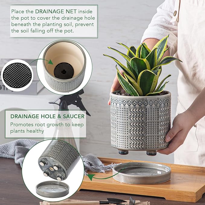 POITONRU Indoor-Outdoor Ceramic Plant Pots: 6 Inch Flower Pots with Drainage Hole & Saucer - Decorative Ceramic Pots for Plants Herbs Succulents - Home Garden Patio Lawn Use