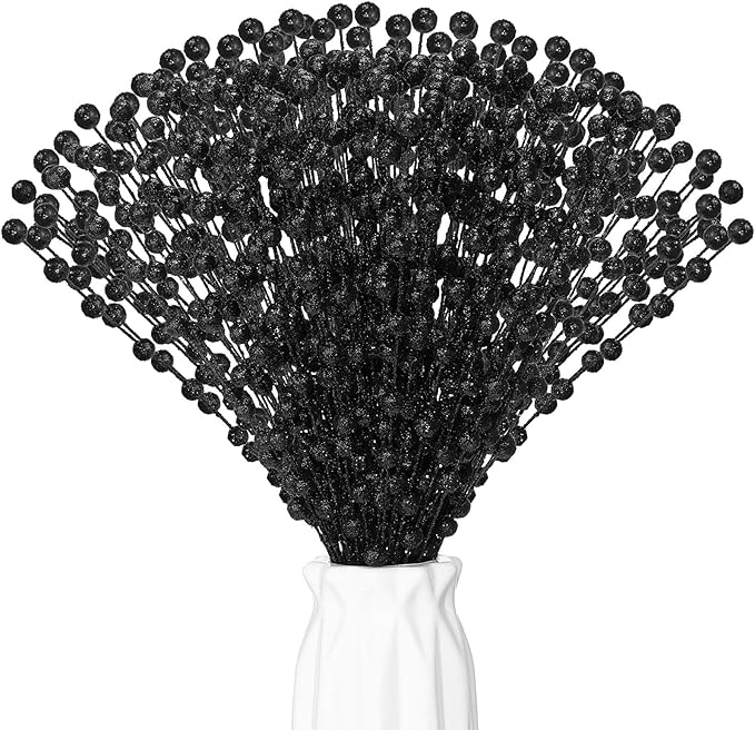 Syhood 200 Pcs Glitter Berry Stems, 13.8 Inches Christmas Berry Picks Holly Branches for Christmas Tree Decorations, Holiday Ornaments Home Decor and DIY Crafts(Glitter Black)