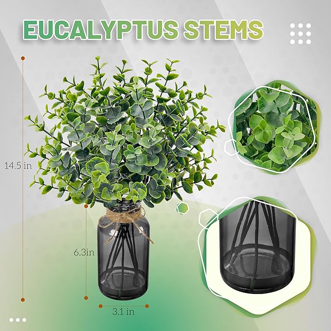 Der Rose 14.5" Fake Plants for Black Bathroom Decor Artificial Eucalyptus Stems in Black Glass Vase with Faux Water for Office Desk Accessories Home Wedding Decor