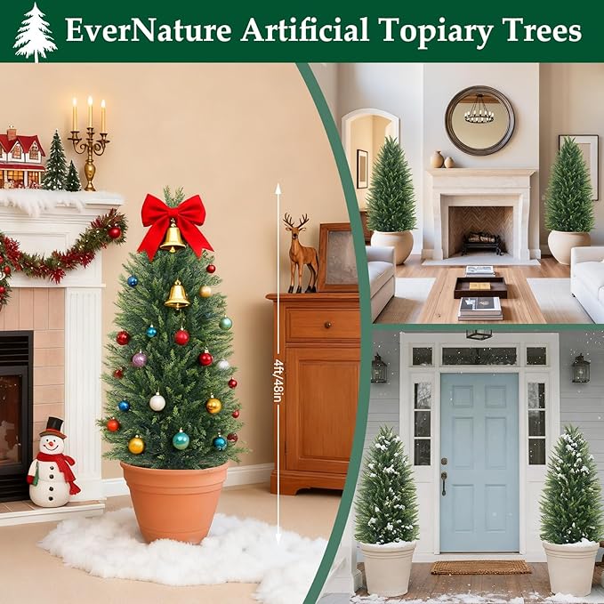 EverNature 4FT Artificial Topiary Cedar Trees, 2Pack Realistic Faux Cypress Plants with Pot, Fake Bushes Pine Tree for Outdoor Front Porch Garden Indoor Christmas Home Decor