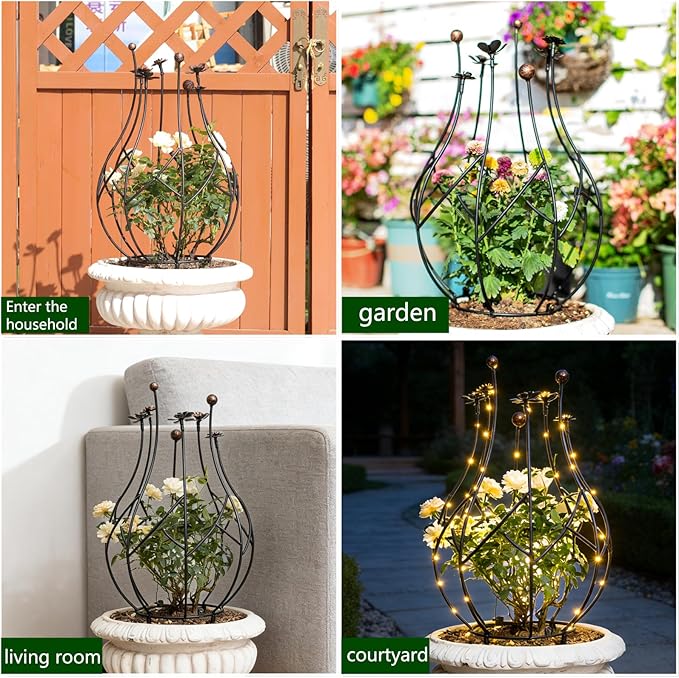 Obelisk Trellis Garden for Climbing Plants 27 Inches Metal Outdoor Support with Gold Leaf Accent Ideal for Rose Bush Bougainvillea Vines Potted Plants Elegant Home Decor