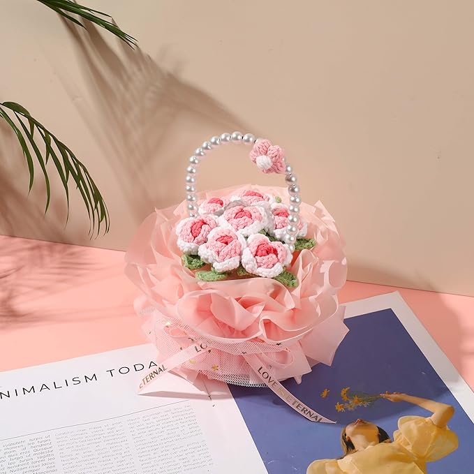 YOOJEE Crochet Flower Bouquet Pink Valentines Day Gift for Her Wife Girlfriend Women Sister Handmade Knitted Rose Basket for Mother Women Teachers Coworkers Gradient Pink Yarn Flower
