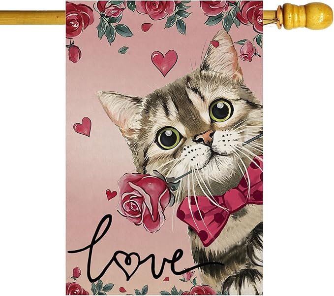 Valentine’s Day Romantic Roses Love Hearts Cat House Flag Big Large Burlap 28X40 Inch Vertical Double Sided Outside Yard Holiday Outdoor Farmhouse Decoration