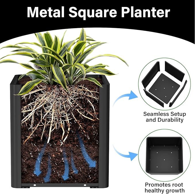BHCORTEN Large Metal Square Planter 20" L x 20" W x 20" H, Black Large Outdoor Planters with Drainage Hole for Porch/Patio/Garden