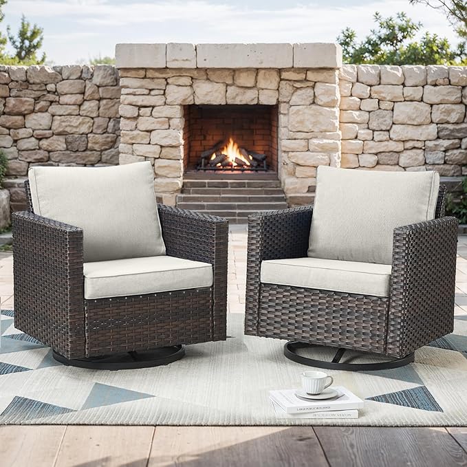 Outdoor Patio Swivel Rocker Chairs - Single Wicker Patio Swivel Rocking Chair with Waterproof Wicker,Comfortable Cushions and Sturdy Metal Frame for Outside Porch Deck Backyardd(Brown/Beige/1PC)