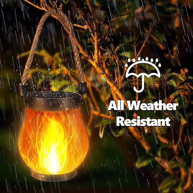 Solar Flame Lantern Hanging Outdoor Waterproof - 2 Pack Flame Lanterns with Dual Charging Modes of Solar & USB for Garden or Yard Decorations (Warm White - 1 Pack)