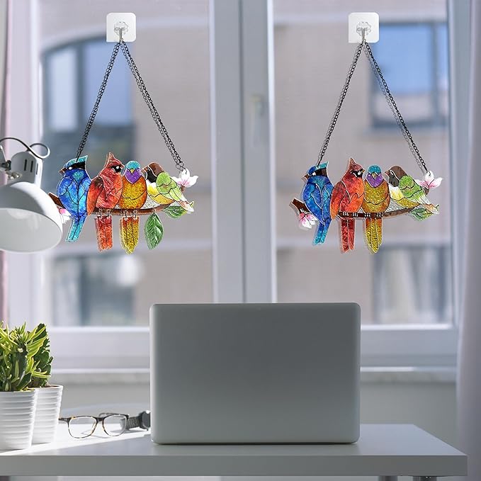 DASTOLL 2 Pack Stained Glass Window Hanging - Hummingbird Decorations Suncatcher Hand-Painted Double Sided Birds on A Branch Sun Catcher for Window Home Decor Gifts for Mom,Bird Lovers