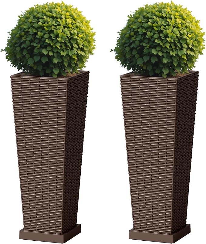 Flamaker Set of 2 Resin Rattan Planters with Tray for Indoor Outdoor, 24'' Tall Flower Pots with Drainage Holes&Inner Pot, Tapered Planters for Garden, Patio, Porch (Brown, Small)