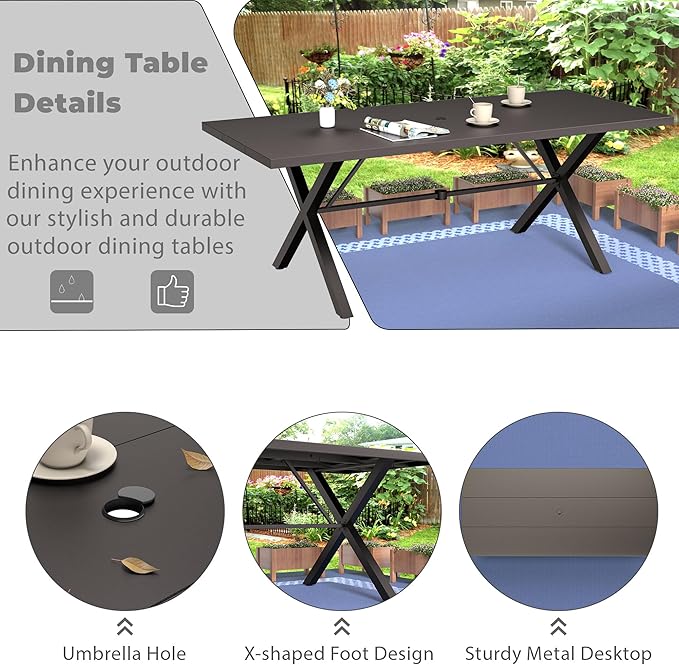 7-Piece Patio Dining Set Outdoor Conversation Set,Metal Outdoor Furniture Set with Umbrella Hole Cut-Out 78.7" x 35.4" Table and 6 Metal Backrest Chairs for Backyard,Garden,NavyBlue