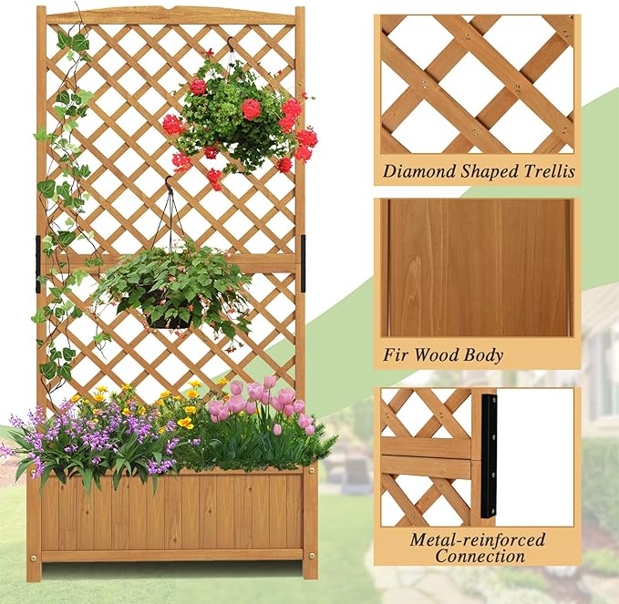 S AFSTAR Raised Garden Bed with Trellis, Indoor & Outdoor Wood Elevated Plant Container with Diamond Shaped Trellis & Drain Hole, Above Ground Garden Bed for Vine Climbing Plants