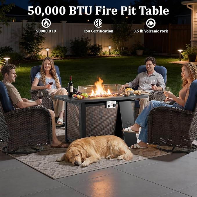 Outdoor Swivel Rocking Chair Patio Set (8pcs) High-Back - Thick Cushion Swivel Rocking Chair Patio with Fire Table Set, All-Weather Wicker Patio Furniture Set, Suitable for Balcony Patios, Brown/Blue