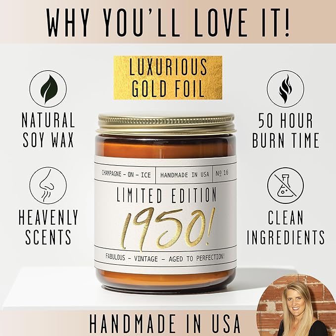 76th Birthday Gifts for Women - 'Limited Edition 1950' Soy Candle, w/Champagne on Ice I 76th Birthday Gift for Her Ideas I 9oz Reusable Jar, 50Hr Burn, Made in USA