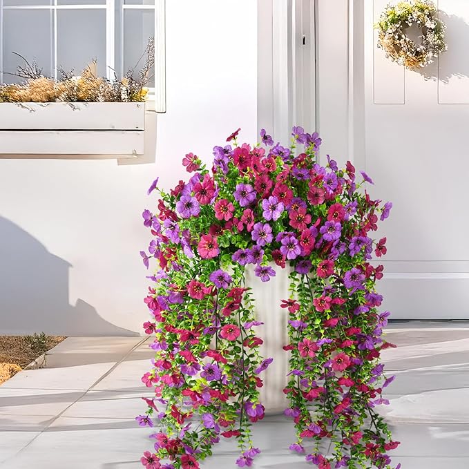 Artificial Hanging Flowers Plants for Outdoor Spring Summer Decoration, 2PCS Faux Silk Daisy UV Resistant Look Real for Outside Home Indoor Planter Porch Garden Yard Decor(Light Purple Red)