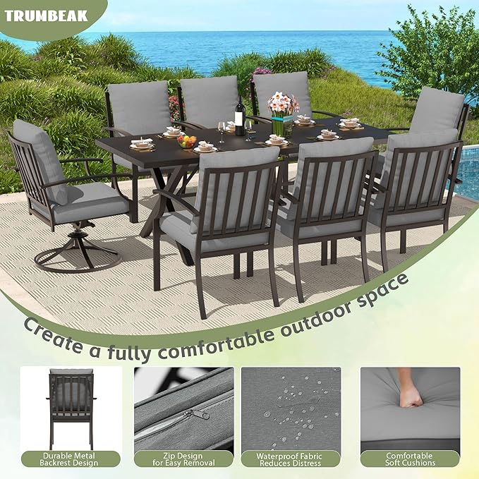 9-Piece Patio Dining Set Outdoor Conversation Set,Metal Outdoor Furniture Set with Umbrella Hole Cut-Out 78.7" x 35.4" Table and 8 Metal Chairs for Backyard,Garden,Grey