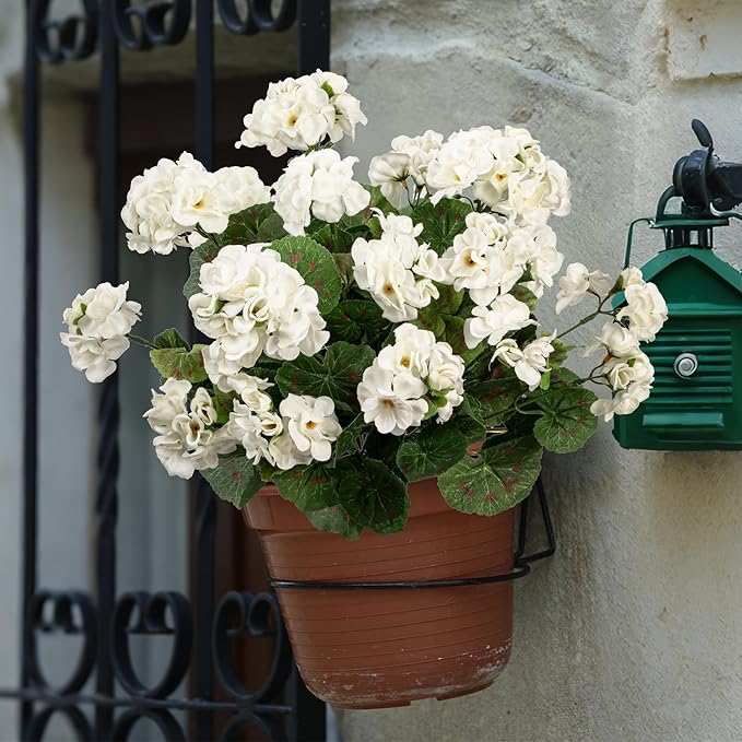 Uqueeten 4pcs Fake Flower Artificial Geranium,Artificial Flowers for Outdoors, White Geraniums Artificial Flowers Realistic,Artificial Geraniums for Outdoors Fake Plant Decoration14.4 (White)