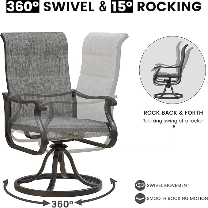 Patio Swivel Chairs Set of 2, Outdoor Dining Chairs with High Back, All-Weather Swivel Rocker Chair for Lawn, Porch or Garden (Padded Dark Grey)