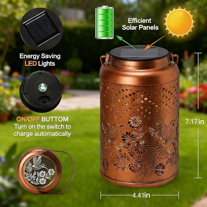 2 Pack Hummingbird Solar Lanterns Outdoor Waterproof Hanging Solar Lights, Garden Decor Christmas Gifts for Women Mom Grandma Metal Garden Decorative Lights for Yard, Backyard, Patio, Porch