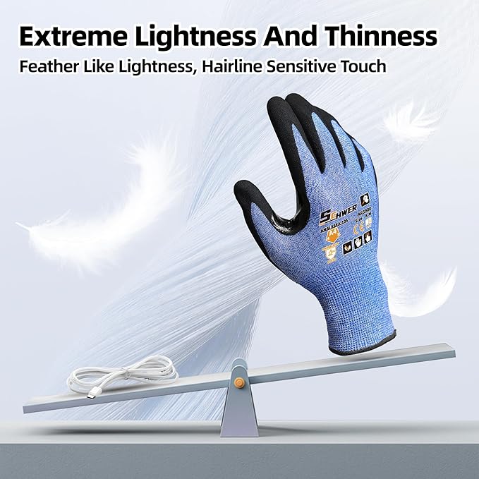 Schwer A4 AIR-SKIN Cut Resistant Work Gloves AR3900 with Extreme Lightweight & Thin, Grip Gloves for Fishing, Refined Work, Mechanic, Gardening, Touch-Screen, Non-PFAS, 3D-Comfort Fit, 150 Pair, L