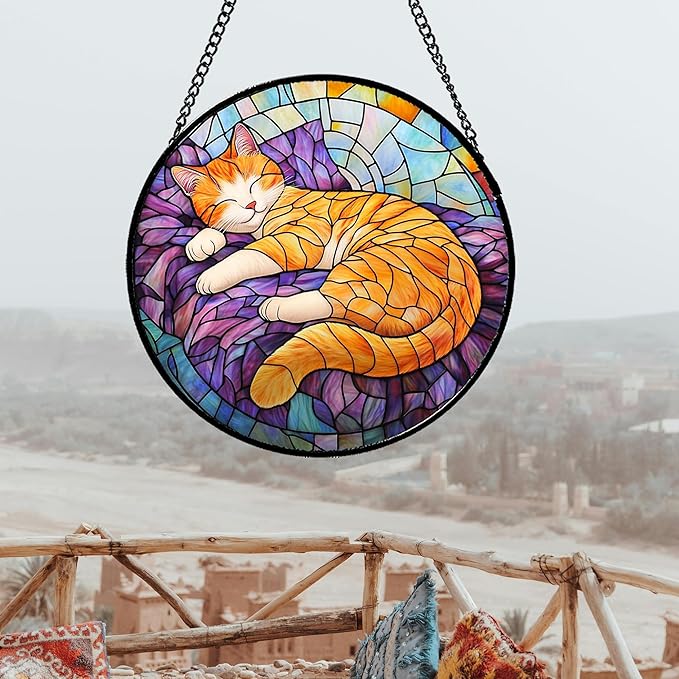 Stained Glass Window Hanging Sleeping Orange Cat 7.8" - Memorial Gift Suncatcher Door Sun Catcher Decor Birthday Christmas for Lost Pets Mom Men Woman Friend