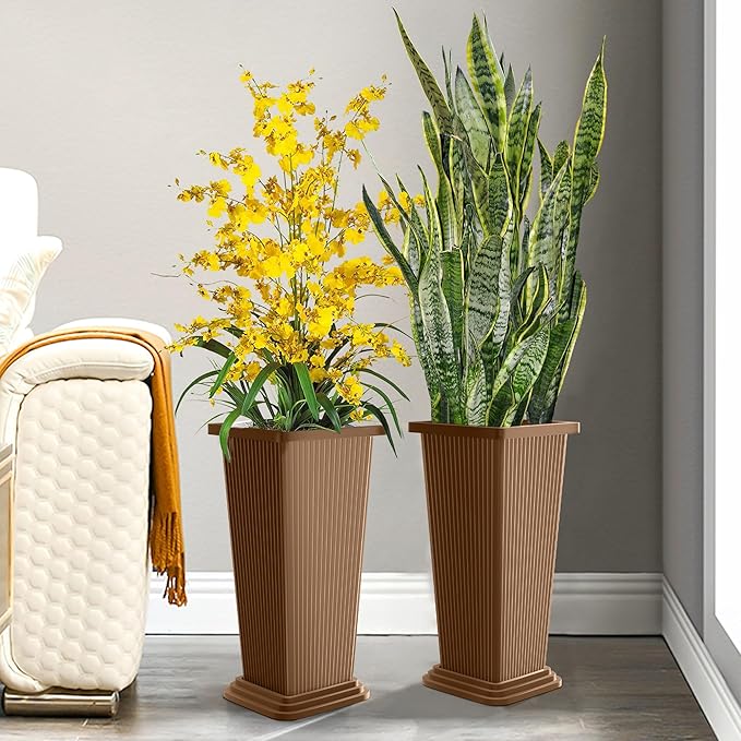 TUYOHW Set of 4 24" Tall Plastic Planters with Trays, Large Tapered Plant Pots for Indoor Outdoor Use, Modern Decorative Planters for Porch, Patio, Garden, and Backyard