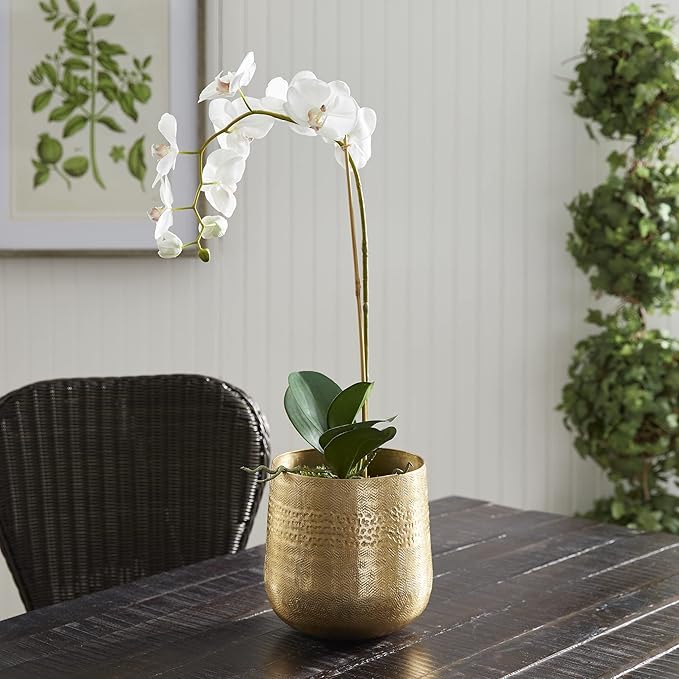 MY SWANKY HOME Elegant Classic Embossed Metal Gold Cachepot Planter Hammered Textured Round 8.25 in Indoor