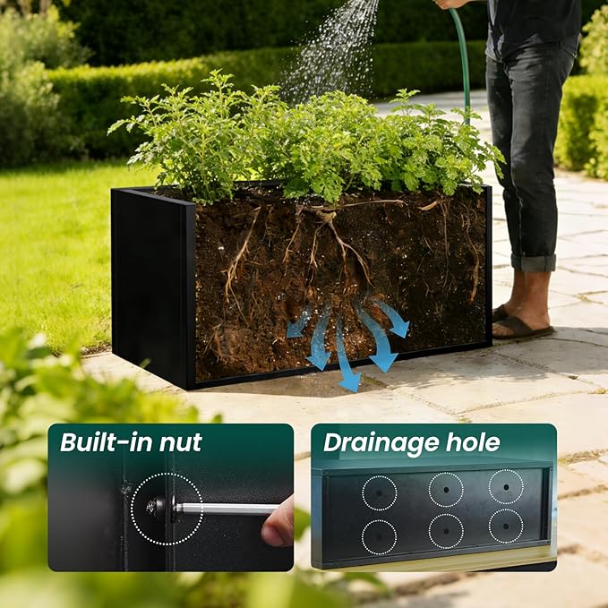 GZGNEEVL Metal Rectangular Planter Black Galvanized Steel Rectangle Planter Box 36" L x 15" W x 15" H Large Planter for Outdoor Indoor Plants Porch Patio Backyard