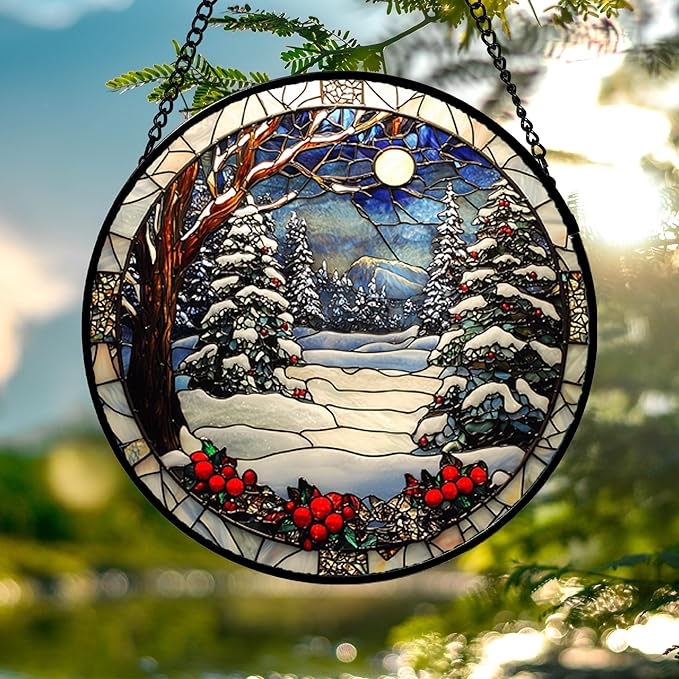 DASTOLL Stained Glass Window Hanging Christmas Tree Winter Snow Night Scenery Large 14.9" - Suncatcher Door Garden Kitchen Sun Catcher Home Decor Birthday for Mom Men Woman Friend