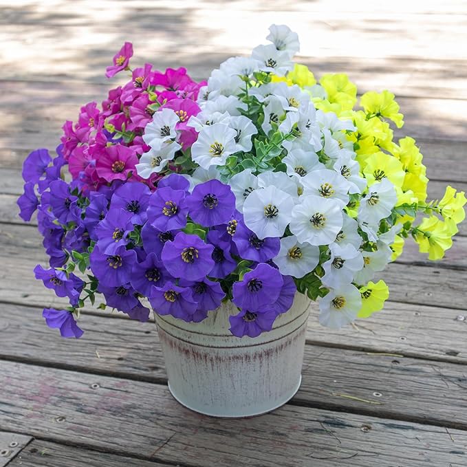 VDVST Artificial Flowers for Outdoors,UV Resistant Artificial Outdoor Flowers,Not-Fading Faux Flowers for Outdoor Planters Front Door Porch Yard Patio Garden Home Decor,12 Bundles Mix 4 Colors