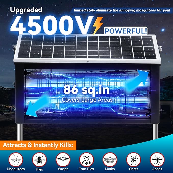 Solar Bug Zapper Outdoor w 20W Solar Panel, LANGY 4500V Electric Bug Zapper Solar Powered w 16ft Cable for 4000 Sq.ft, Mosquito Zapper Outdoor Waterproof w 6000mAh Battery for Patio Yard Home Camping