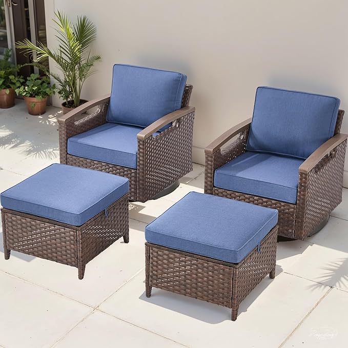 Rilyson Wicker Outdoor Patio Furniture Set - 4 Piece Patio Conversation Set with Swivel Rocker Chairs and Ottomans, Thick Cushions, High Back, Deep Seating, for Porch Deck Garden Brown/Blue