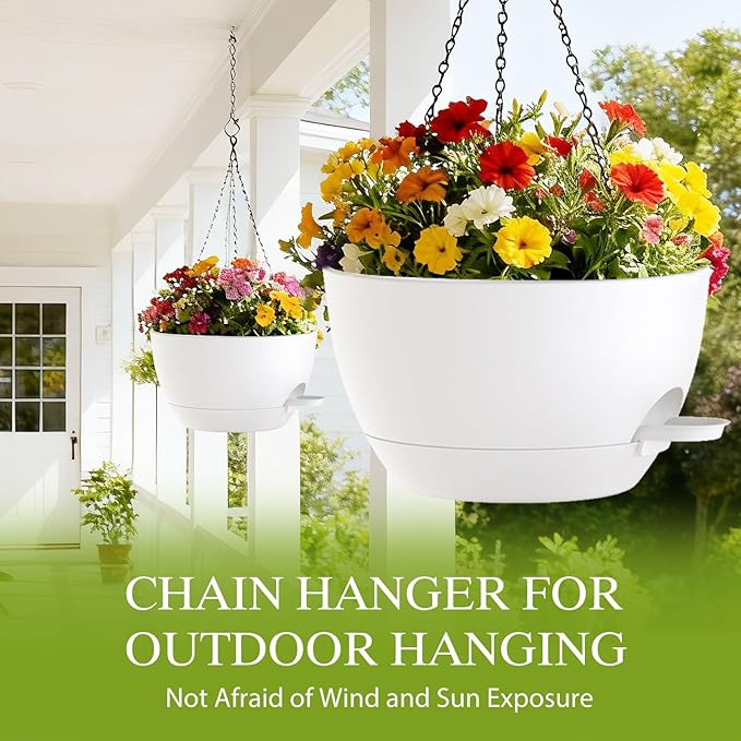SQKH 12 Inch Hanging Baskets 2 PC with Chains, Self-Watering Hanging Planters for Indoor Outdoor Plants, Plastic Hanging Flower Pots,White