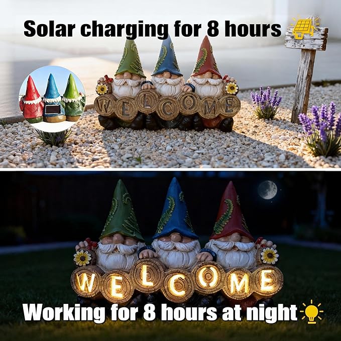Garden Gnomes Solar Powered Welcome Statue, Outdoor Patio Yard and Garden Decor, Durable Resin, Perfect as, Unique Gifts for Women, Gifts for Grandkids and mom