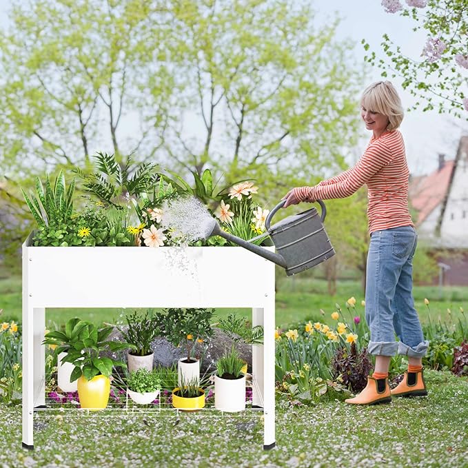 Raised Garden Bed with Detachable Legs Elevated Metal Planter Box for Growing Fresh Herbs Vegetables Flowers Succulents&Other Plants for Outdoor Backyard Patio Deck Balcony White L