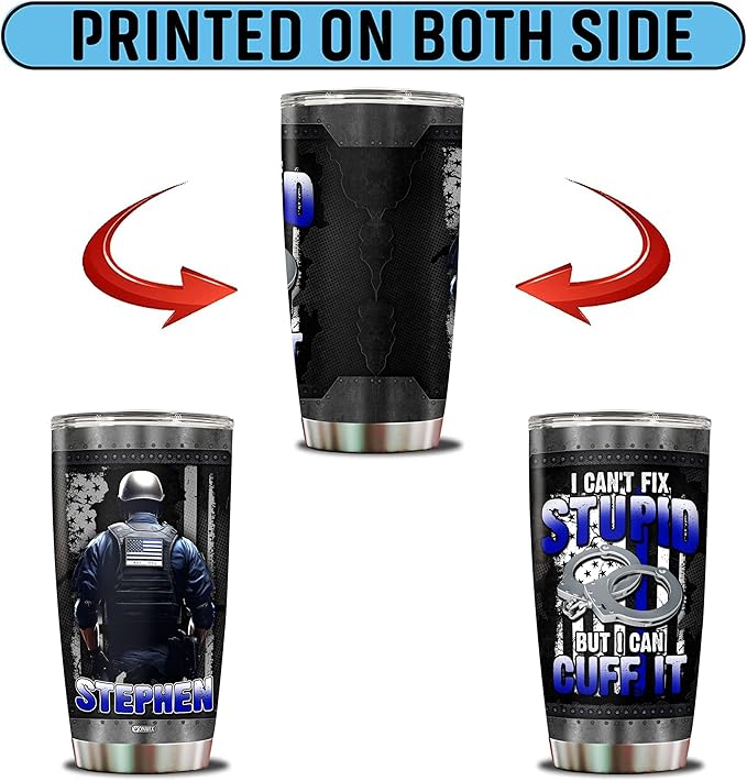 WONWIX Personalized Police Tumbler Gifts for Men 20oz with Lid Travel Cup Coffee Mug Stainless Steel Insulated Water Bottle Gift for Police Man Dad Father Boy Friends