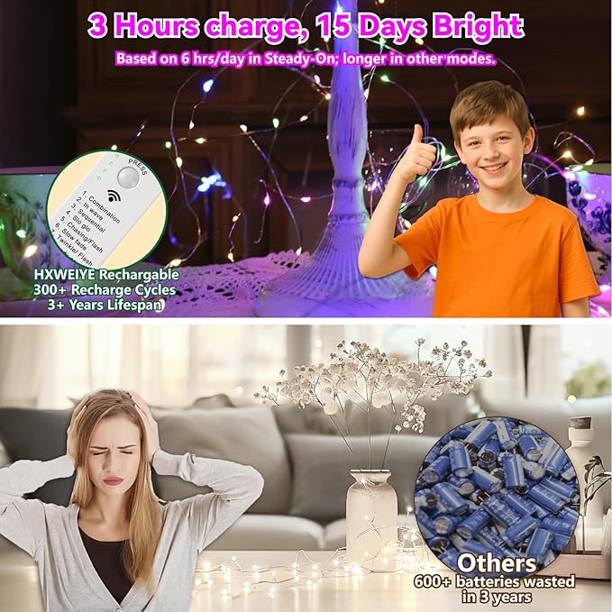 HXWEIYE Rechargeable Fairy Lights Battery Operated, DIY Timer & 8 Modes, 2 Pack 16FT 50LED Twinkle String Lights Indoor, Led mini Lights for Bedroom Wedding Dorm Christmas Tree Decor (Multicolor)