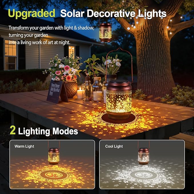 KOOPER Solar Lanterns Outdoor Waterproof Birthday Gifts for Women Mom Grandma, 2 Pack Upgraded Hummingbird Hanging Solar Lantern Lights Outdoor, Metal Outdoor Decoration for Yard (Butterfly and Rose)