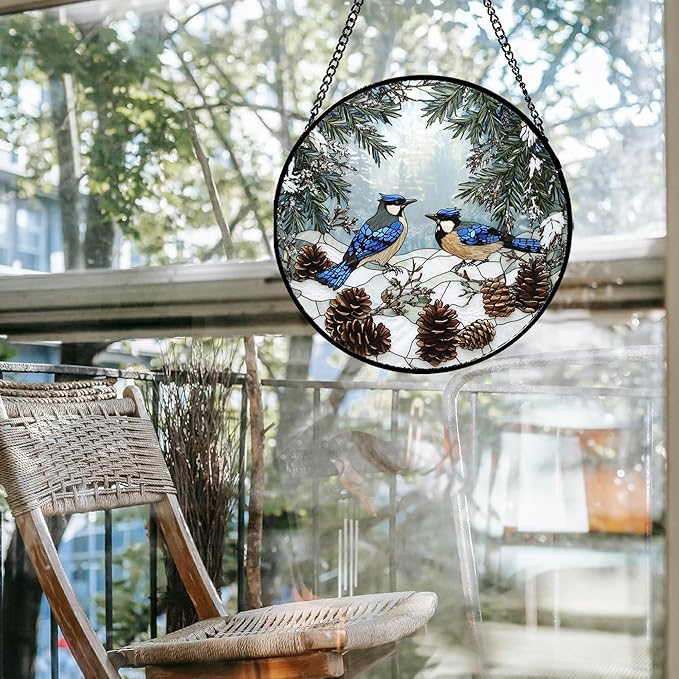 HWRHTR Stained Glass Window Hanging - Blue Bird Winter Forest Landscape Suncatcher for Door Garden Yard Sun Catchers Decor Christmas Mother's Day Birthday Gifts for Women Mom Nana Friend 6.3 in