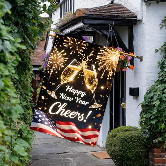 Happy New Year House Flag 28x40 Inch Double Sided Garden Flag Cheers Champagne Glasses and American Flag Design Winter Holiday Yard Banner Large Outdoor Flag for Porch Lawn Home Decoration