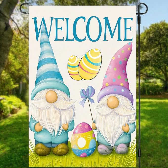 Easter Bunnies Garden Flag Cute Gnomes Egg Double Sided Yard Flag 12x18 Inch Welcome Yard Holiday Decoration Farmhouse Small Yard Flag Home Lawn Outdoor Decorations