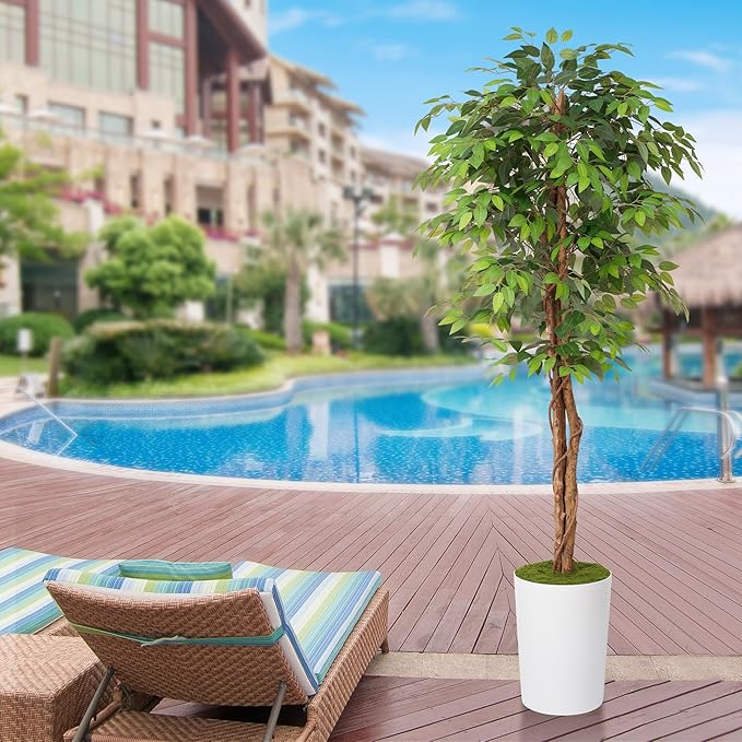 Waoops 7Ft Artificial Ficus Tree in Large Tall Planter - Faux Indoor Plant with Realistic Wood Trunk - Large Tall Fake Plant for Home, Office, Living Room, Patio Decoration