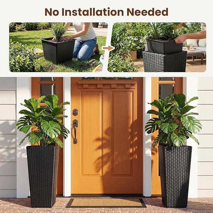 HAPPYGRILL 24" Tall Rattan Plant Pots Set of 2, Outdoor Taper Planter w/Detachable Inner Flower Pots, Metal Frame & Adjustable Foot Pads, Decorative Wicker Planter Boxes for Porch Patio Backyard