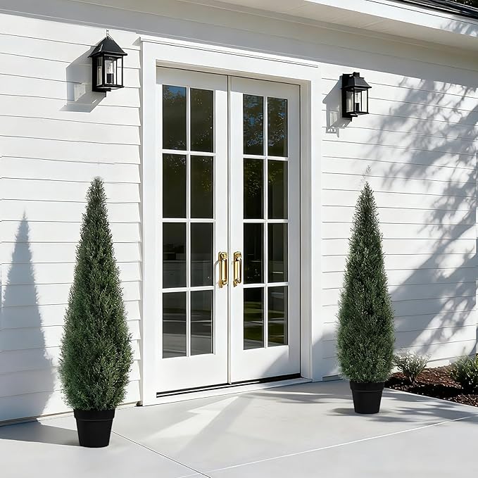 Artificial Trees for Outdoors, BUZIGUBY Artificial Cedar Topiary Trees, 4FT Topiary Trees Artificial Outdoors for Porch, Dense Arborvitae Tree for Front Door Patio Deck Balcony Yard Decor, 2 Pack