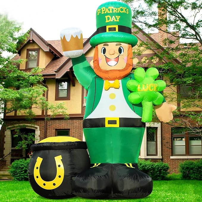 St. Patricks Day Inflatable Decorations 8ft Large Leprechaun Built-in LED Lights with Shamrock and Gold Coin Pot Blow Up Décor Outdoor Lucky Day Holiday Party Lawn Yard Garden Patio