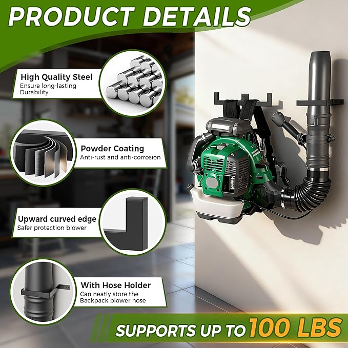 Backpack Leaf Blower Hanger with Hose Holder,Heary Duty Backpack Blower Sprayer Rack,Backpack Blower Wall Mount,Backpack Hanger for Weed Eater,Hedge Trimmer,Chain Saw,Garage Organizer Storage(1 PCS)