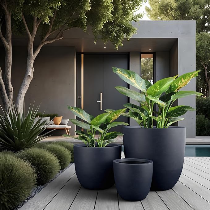 Kante Round Concrete Planter Set of 3, Large Outdoor Indoor Plant Pots with Drainage Hole, 10/14/18-Inch Diameter Flower Pots for Patio, Garden and Home, Charcoal